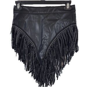 Akira Women small Black Western Fringe Shorts Studded Boho Faux Leather Festival